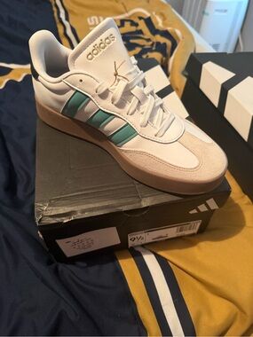 adidas White Sneakers with Teal Stripes and Gum Sole